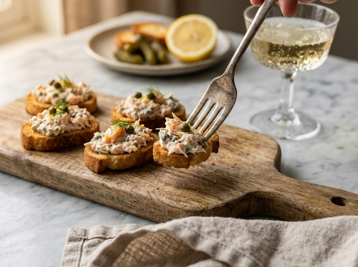 Assembled smoked trout rillettes crostini on a wooden board with cornichons and a glass of sparkling wine