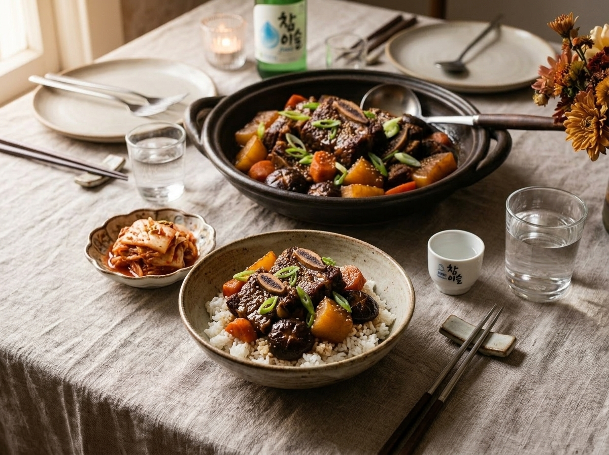 Bowl of white rice topped with galbijjim short ribs and daikon in glossy sauce, served with kimchi and chopsticks