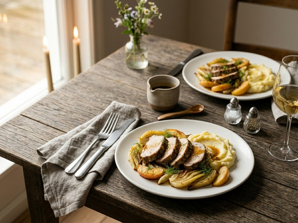 Two dinner plates with sliced pork loin, roasted fennel and apple, mashed potato, and a jug of pan sauce