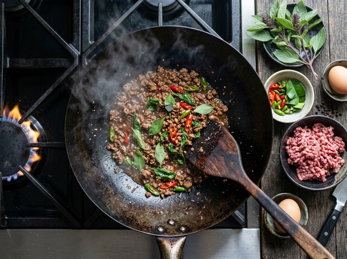 Ground beef with Thai chilies and basil cooking in a carbon steel wok over high heat, sauce glazing the meat