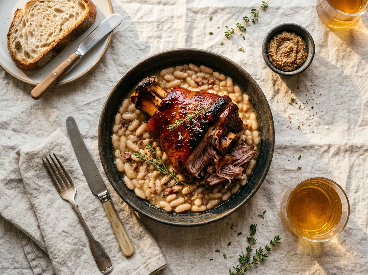 Pulled maple glazed ham hock over white beans in a shallow bowl with sourdough and mustard