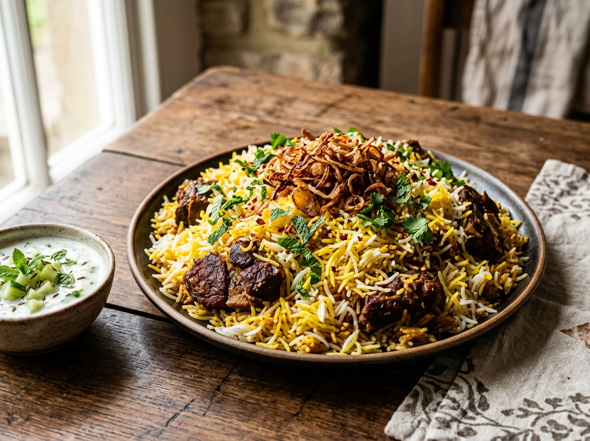 Lamb biryani with saffron rice and golden crispy shallots served in a copper dish with raita on the side