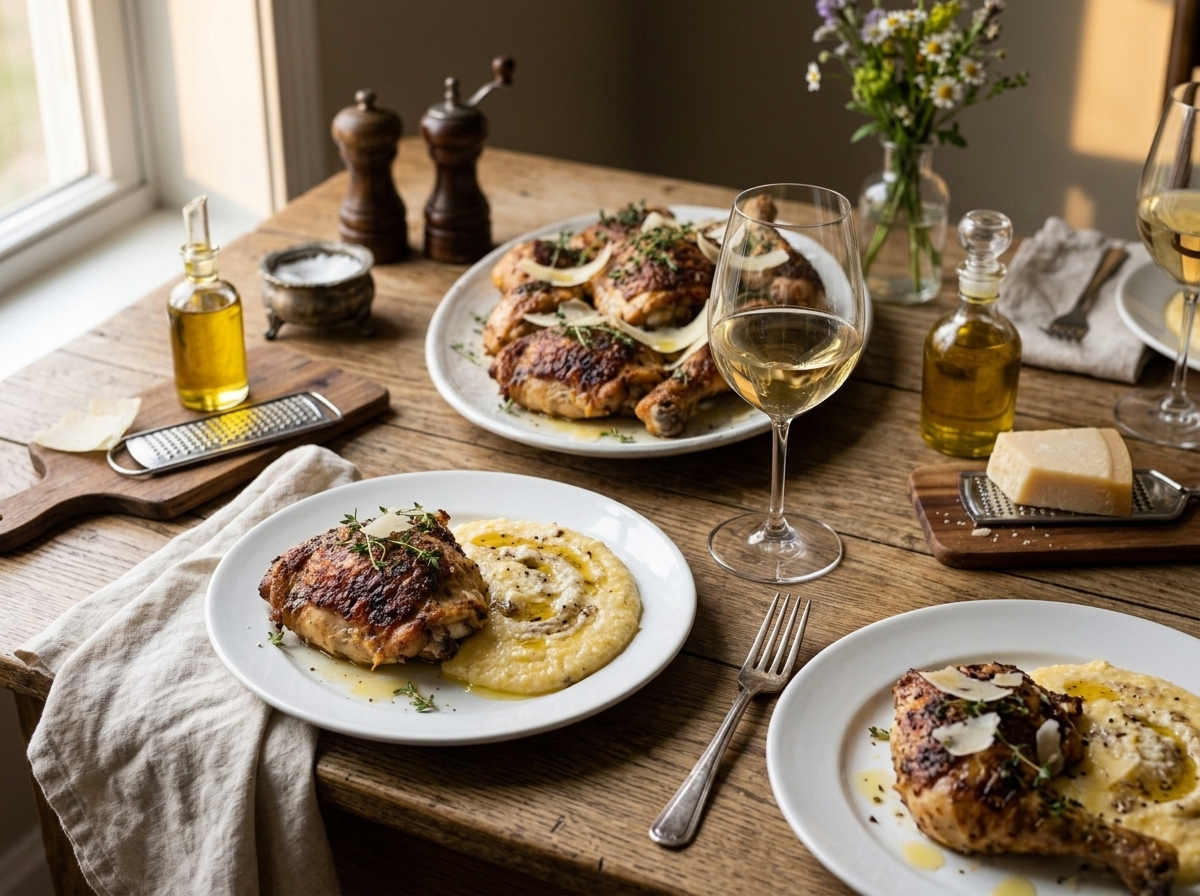 Plated truffle Parmesan roasted chicken with creamy polenta and a glass of white wine on a dining table