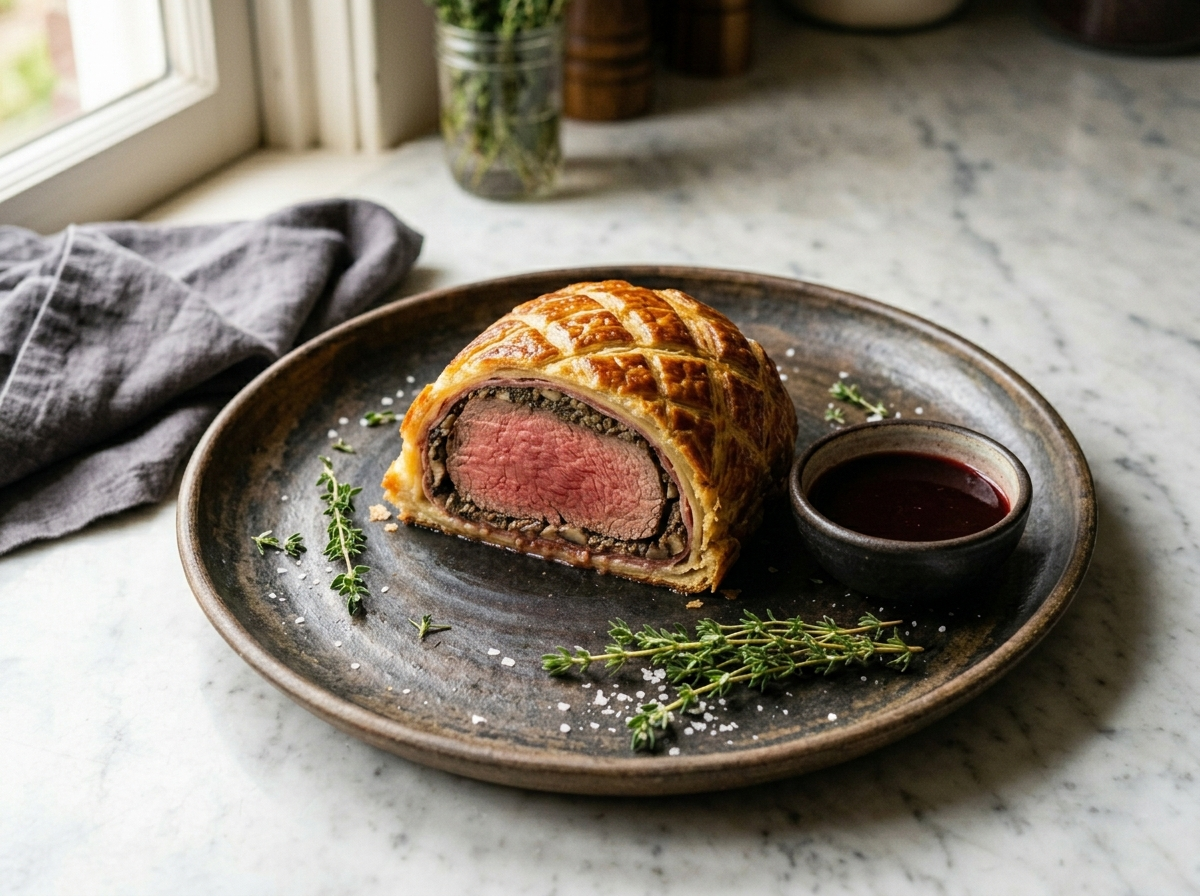 Sliced Beef Wellington on a wooden board showing pink tenderloin center wrapped in mushroom duxelles and golden puff pastry