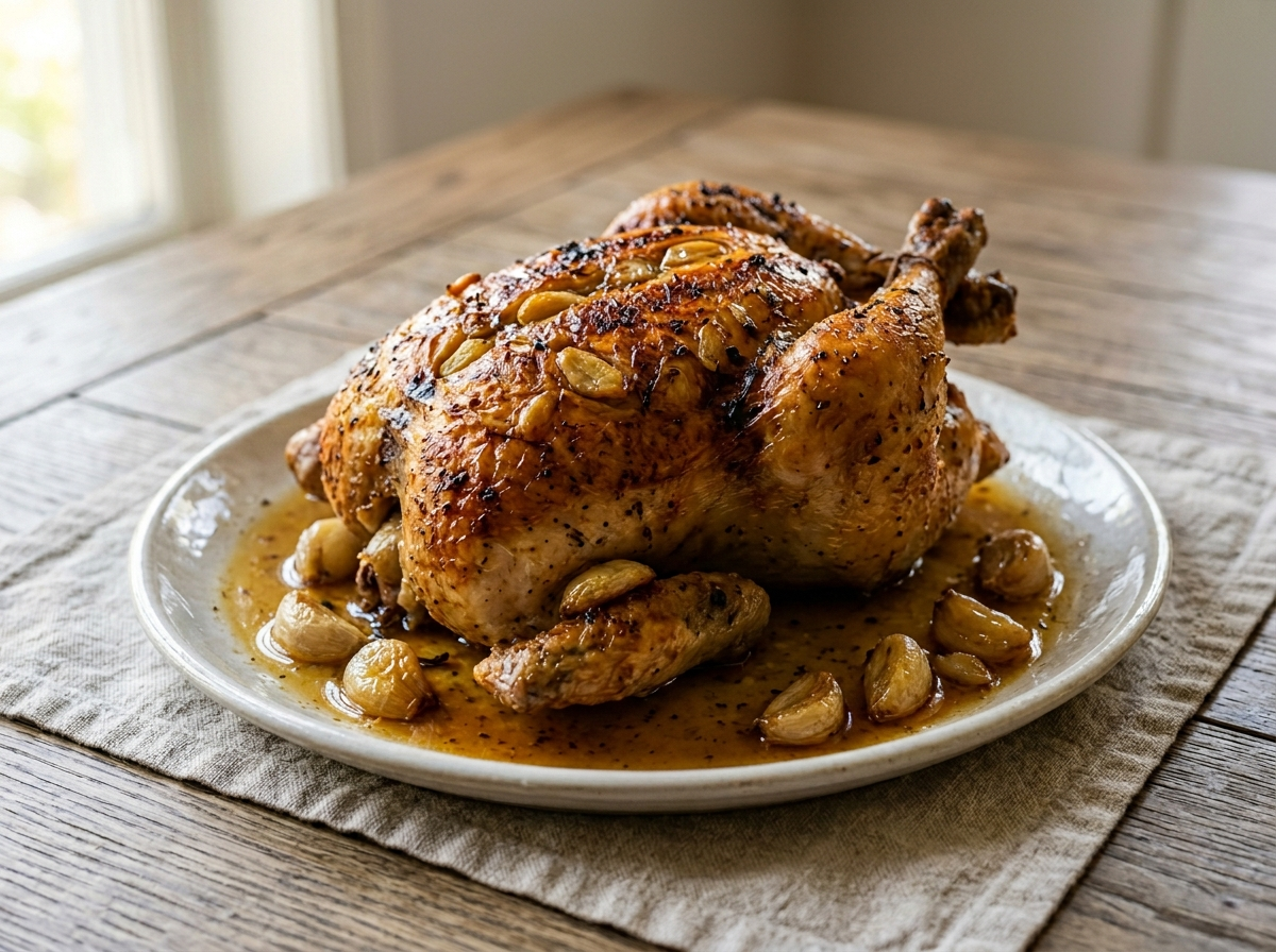 Whole garlic confit roasted chicken on a white platter with golden skin and scattered confit cloves in pan sauce