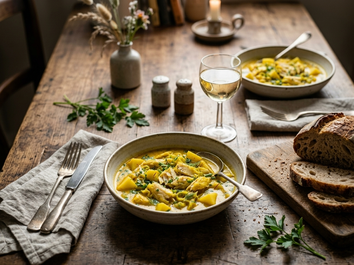 Two bowls of saffron chowder with smoked haddock on a wooden table with sourdough and white wine