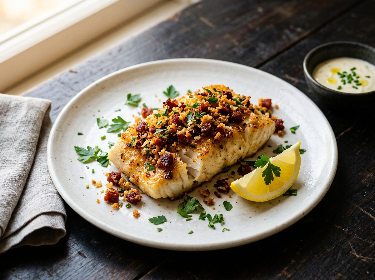 Pan roasted cod fillet topped with crispy chorizo breadcrumb crust on a white ceramic plate with lemon wedge