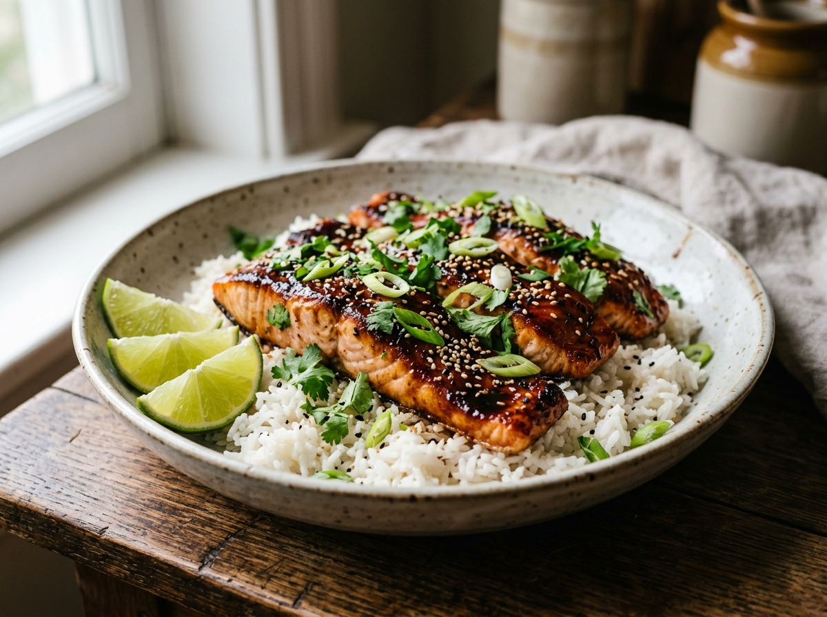Four tamarind glazed salmon fillets on coconut rice with cilantro, scallions, and lime wedges in a ceramic bowl