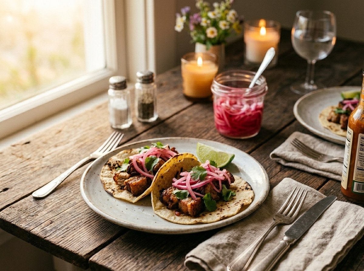 Two assembled pork carnitas tacos topped with pink pickled onion and fresh cilantro on a ceramic plate