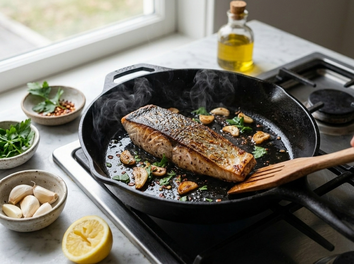 Bonito fillet searing skin-side down in a cast iron skillet, skin crisping to golden brown on stovetop