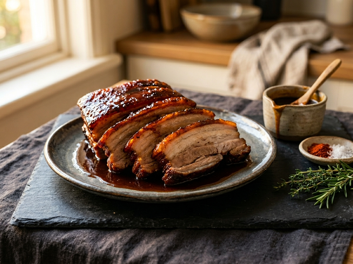 Sliced maple bourbon glazed pork belly on a slate board with caramelized scored skin and amber glaze pooling at the edges.