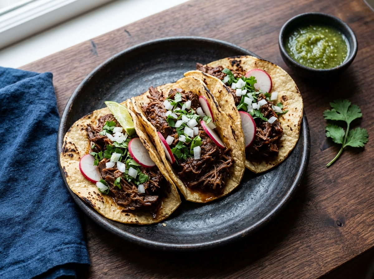 Beef cheek barbacoa tacos on dark ceramic plate with white onion, cilantro, radish, and lime wedges
