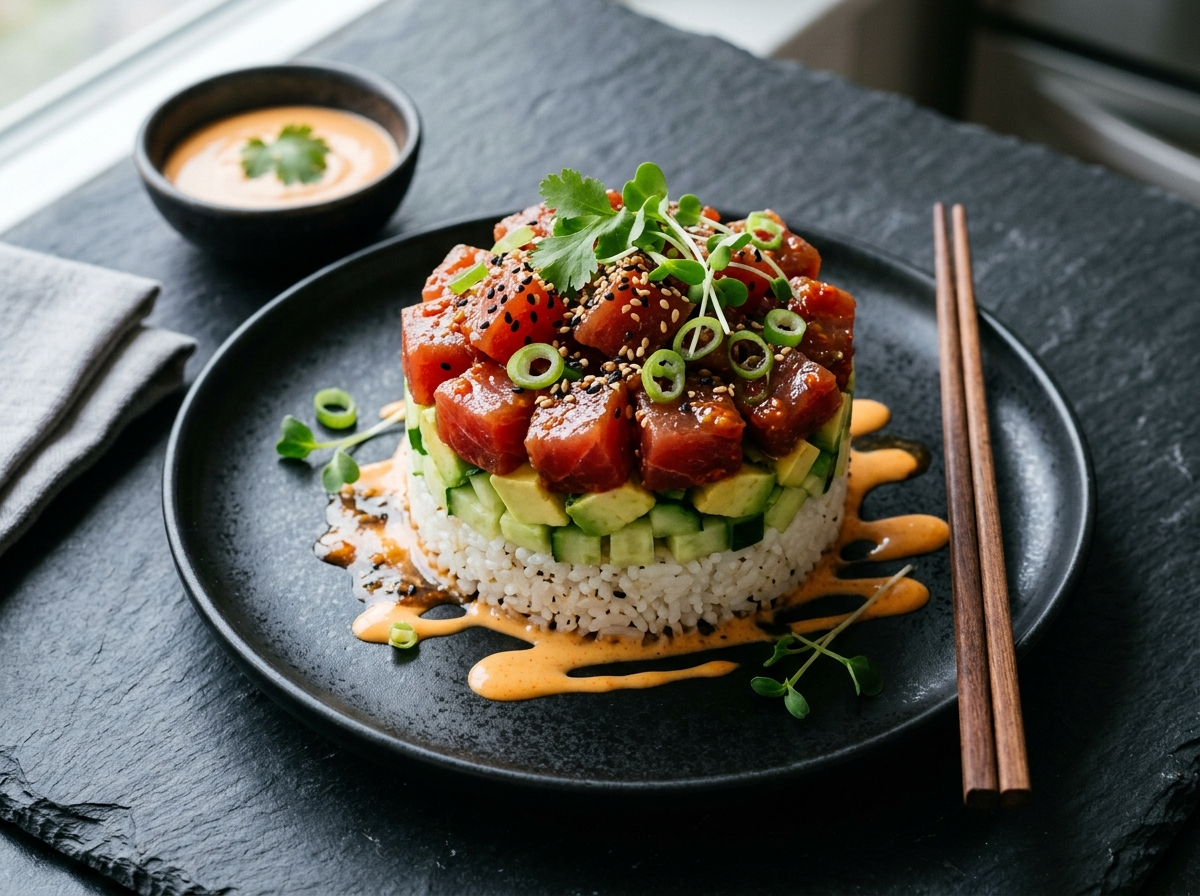 Spicy tuna poke stack on black ceramic plate with sriracha mayo drizzle, sesame seeds, and scallion garnish
