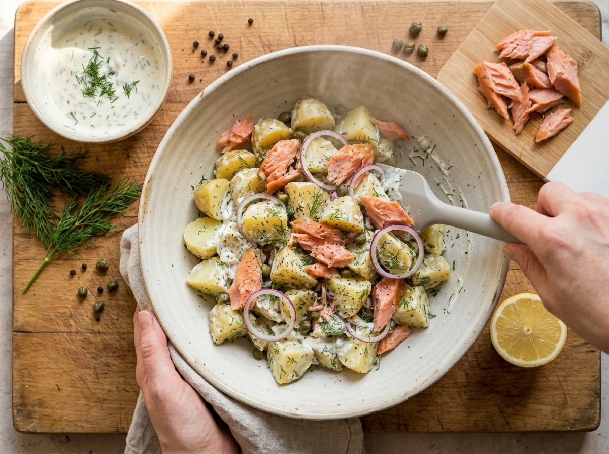 Gently folding hot-smoked trout flakes into warm dressed potatoes in a mixing bowl with fresh dill nearby.