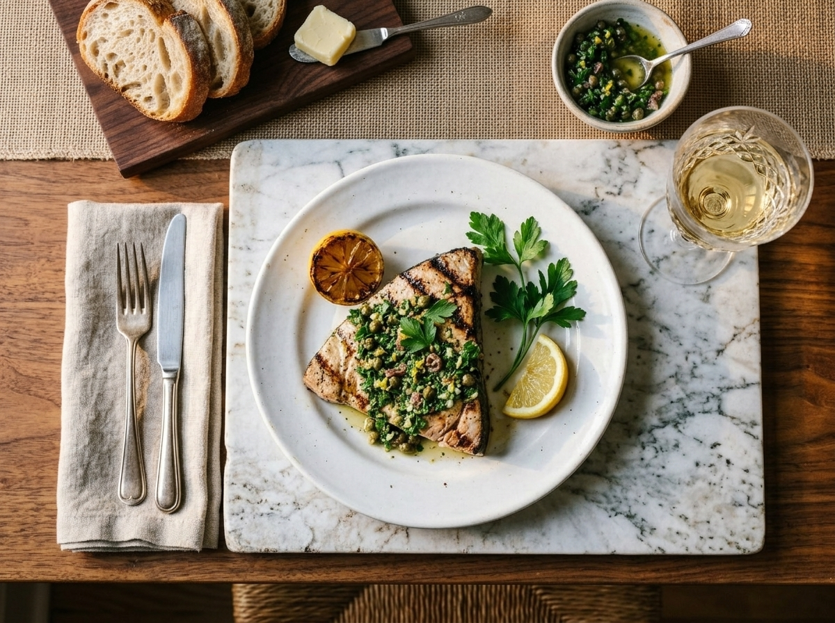 Plated grilled swordfish with Italian salsa verde on a white ceramic plate with a glass of white wine