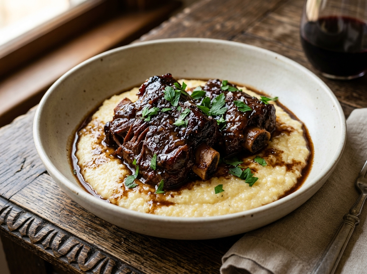 Slow braised lamb neck served over creamy Parmesan polenta with glossy red wine sauce and fresh parsley