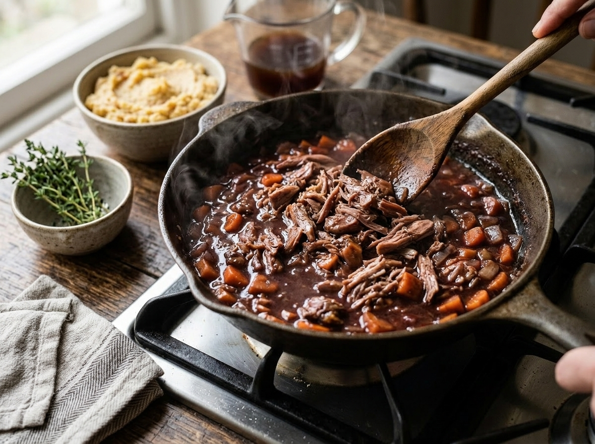 Shredded duck confit folded into red wine reduction with carrots and shallots in a cast-iron skillet