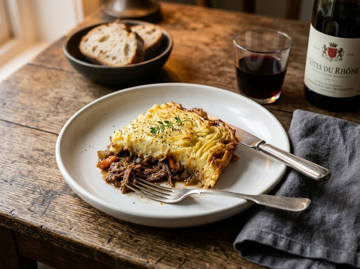 Single portion of duck confit shepherd's pie with crisp potato crust on a white plate beside a glass of red wine