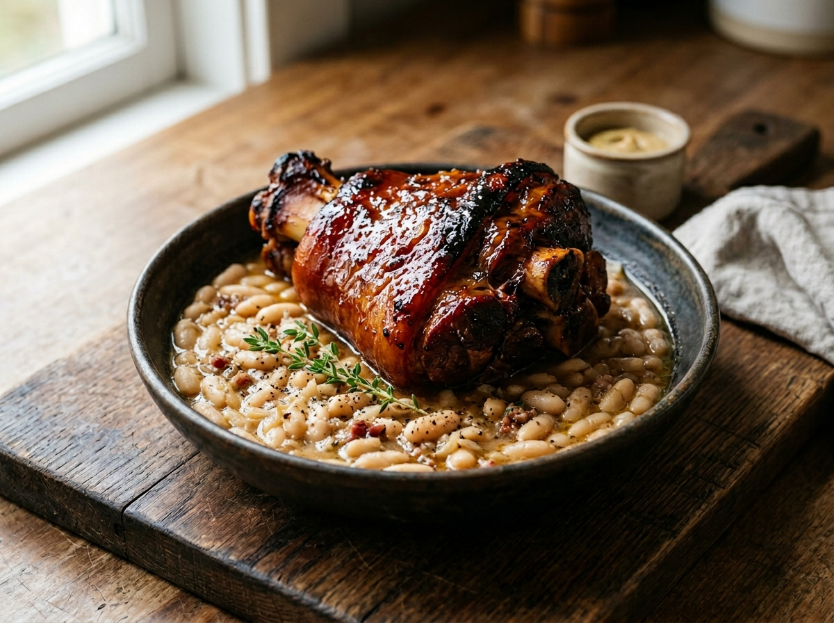 Maple glazed ham hock over creamy white beans in a dark ceramic bowl on a wooden board