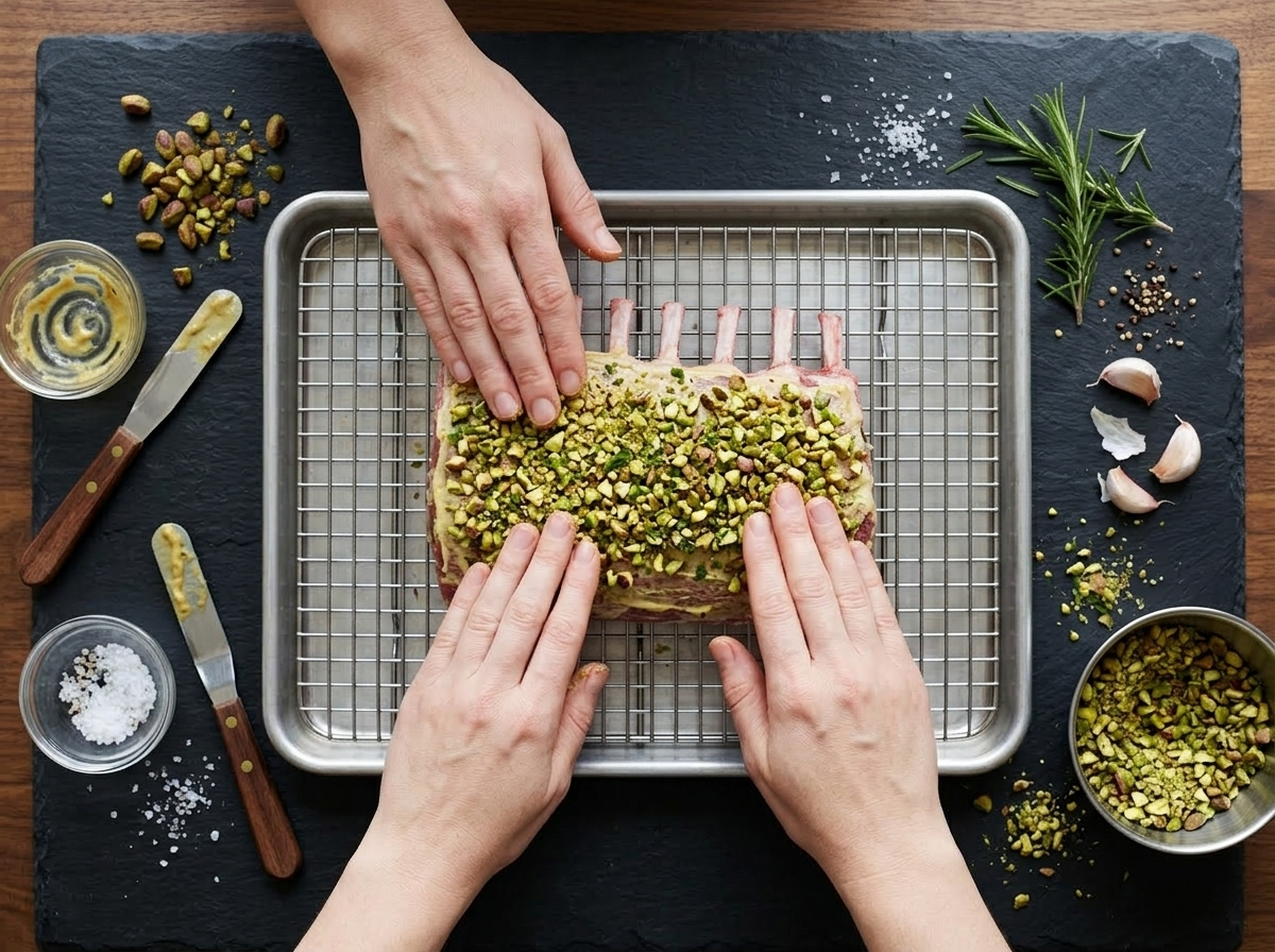 Hands pressing pistachio and herb crust onto Dijon-coated rack of lamb on a wire rack before roasting