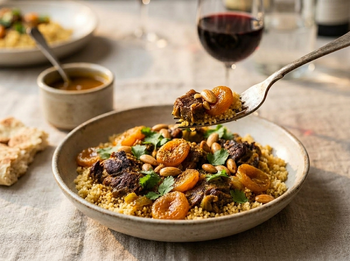 Bowl of Moroccan lamb and apricot tagine over couscous with almonds, herbs, flatbread, and red wine