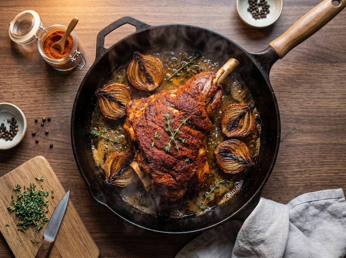 Lamb shoulder with paprika rub roasting over charred onion halves in a dark roasting pan