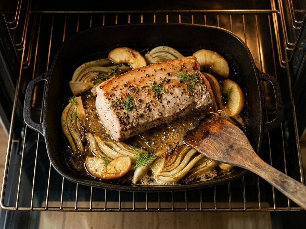 Pork loin roasting on a bed of fennel wedges and apple slices in a roasting pan with golden caramelized edges