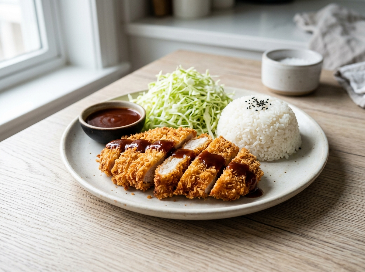 Crispy chicken katsu sliced diagonally showing golden panko crust, served with tonkatsu sauce and shredded cabbage