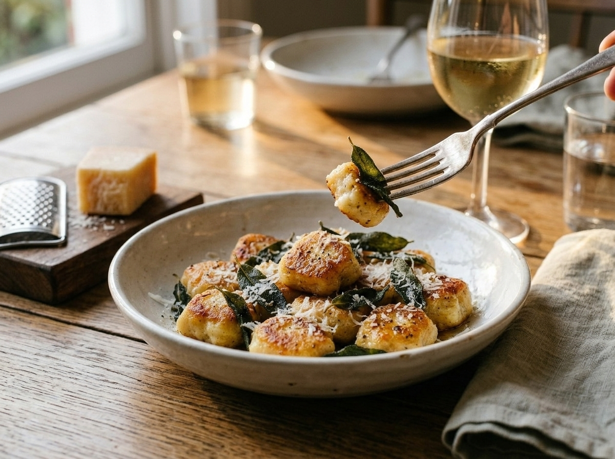 Bowl of pan fried gnudi with sage butter served alongside a glass of white wine on a wooden table