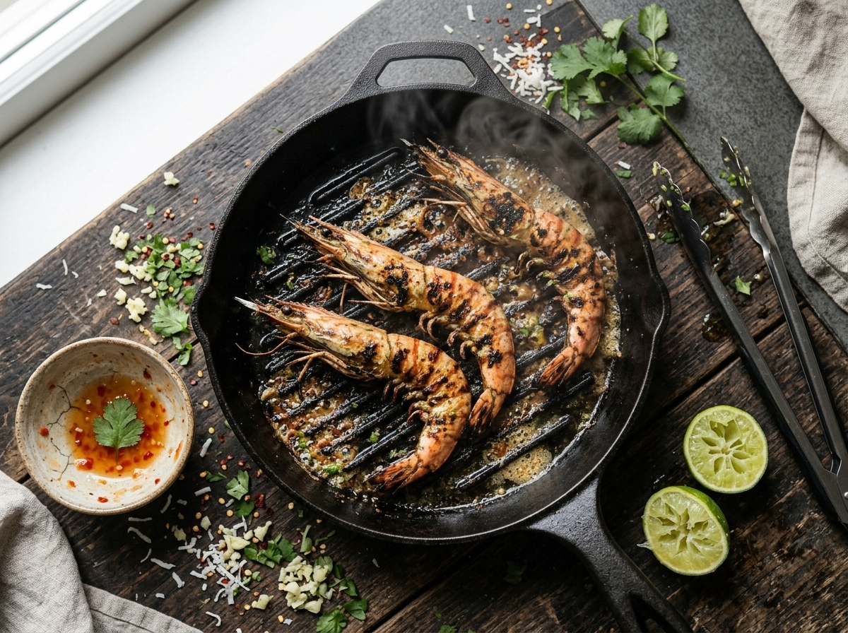 Shell-on prawns with coconut lime marinade sizzling on a cast-iron grill pan with visible char marks forming