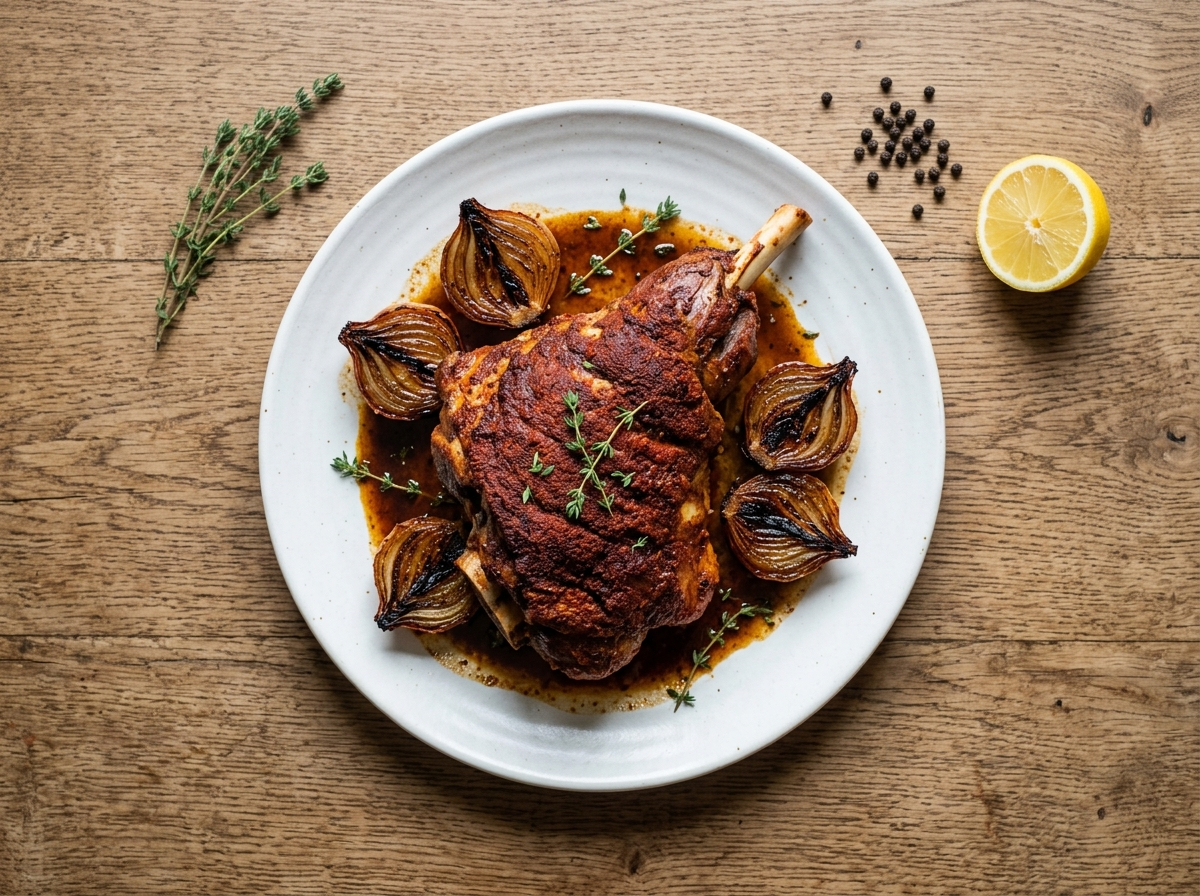 Bone-in lamb shoulder with smoked paprika crust on a platter surrounded by charred onion halves and pan juices
