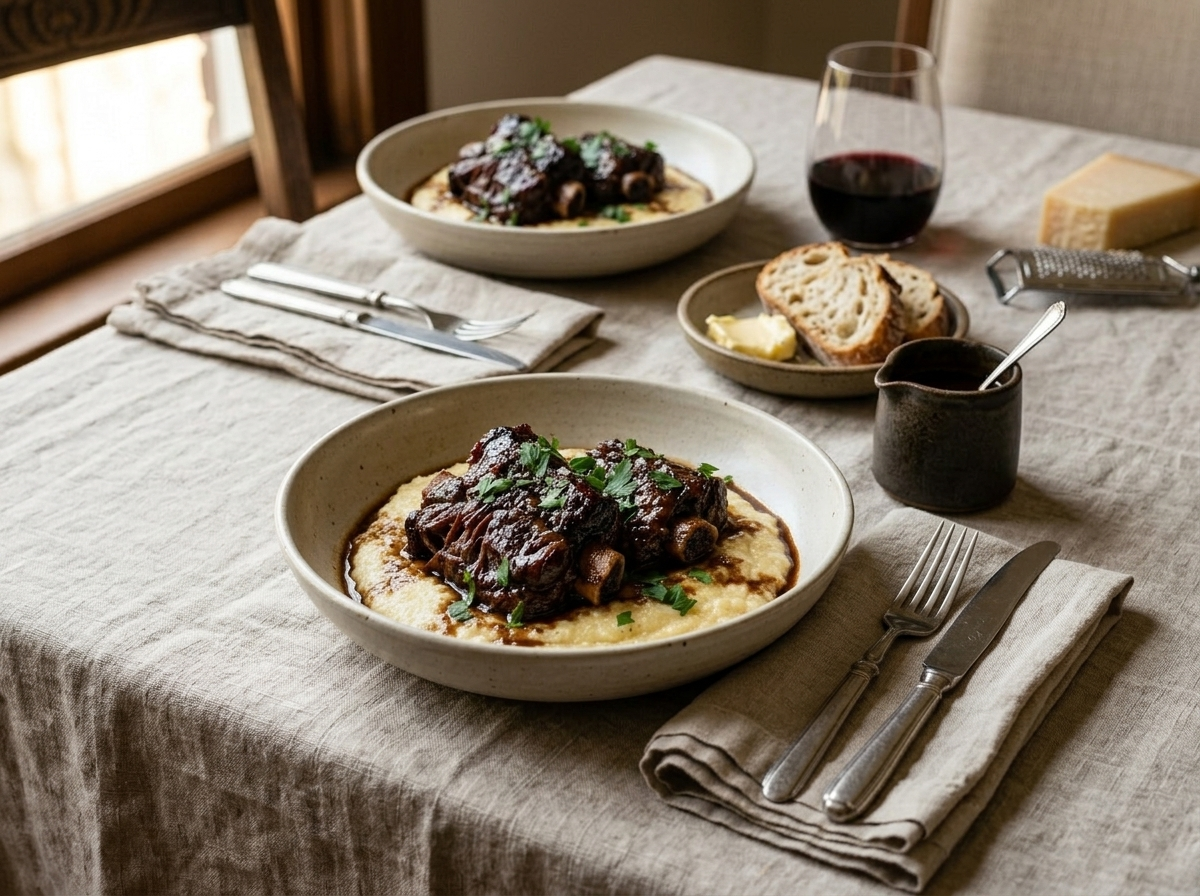 Two bowls of braised lamb neck on polenta at a dining table with red wine and Parmesan