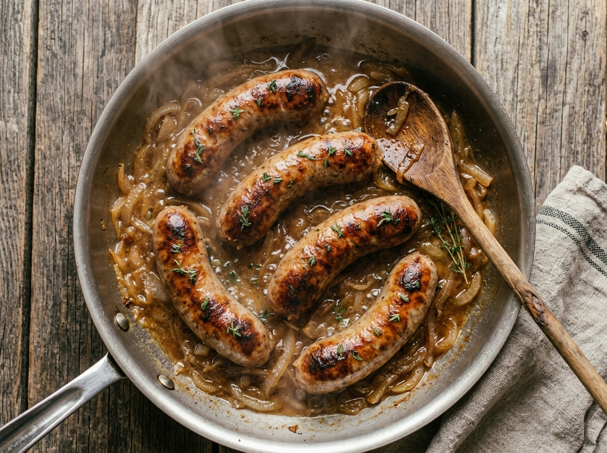 Bratwurst simmering in beer and golden caramelized onions in a wide stainless skillet on the stovetop