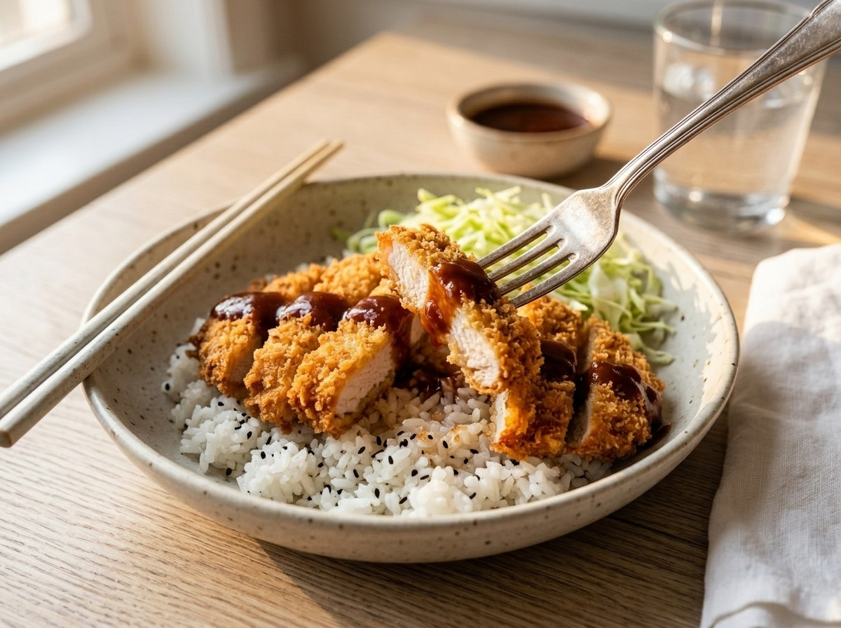 Sliced chicken katsu over steamed rice in a ceramic bowl with tonkatsu sauce and shredded green cabbage