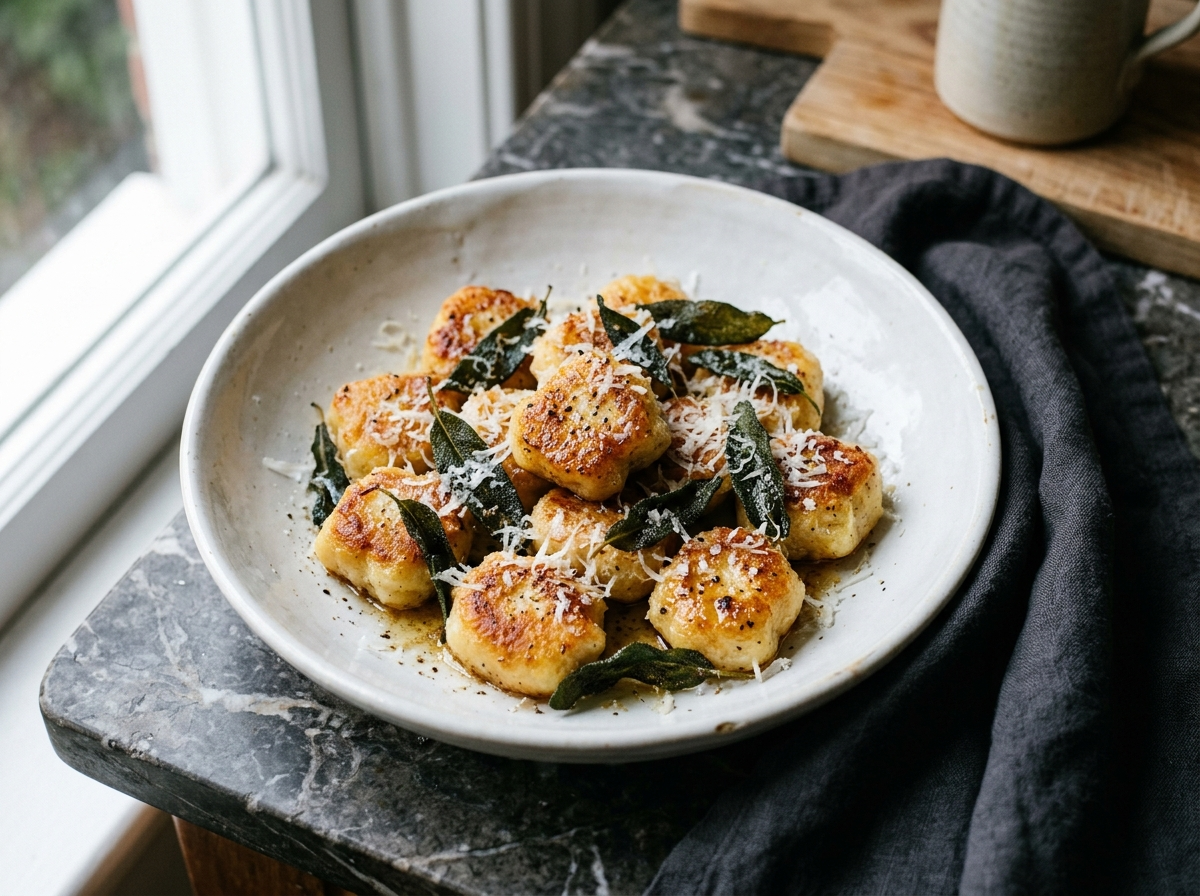 Pan fried gnudi with crispy sage leaves and browned butter in a white ceramic bowl on marble