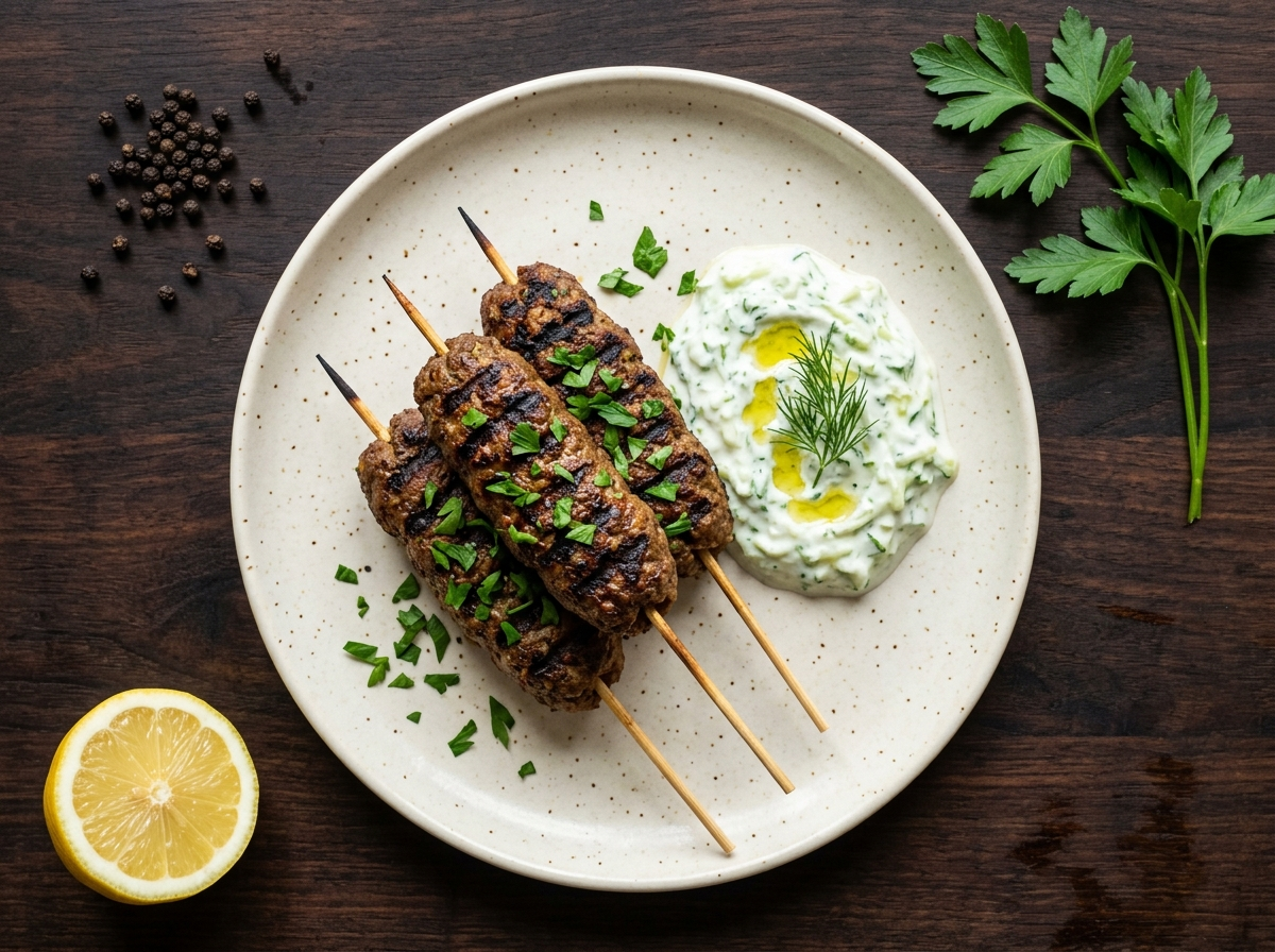 Spiced beef kofta skewers with charred grill marks on a white platter with tzatziki dip and fresh parsley
