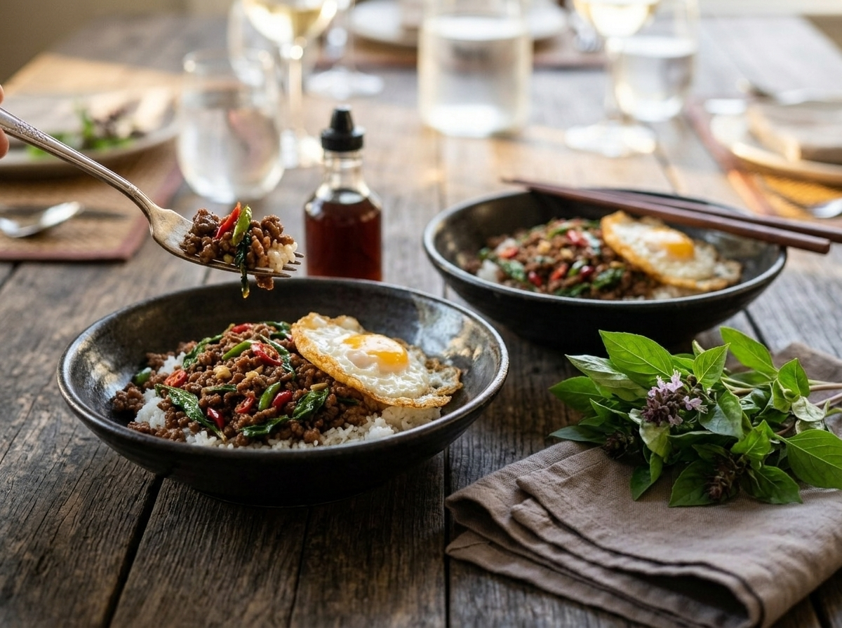 Two bowls of pad kra pao with fried eggs on a wooden table, fish sauce and fresh Thai basil alongside