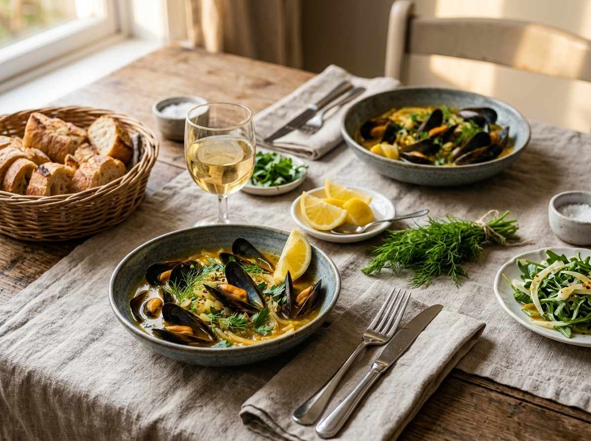 Two bowls of saffron mussel stew with baguette slices and a glass of white wine on a linen-covered table