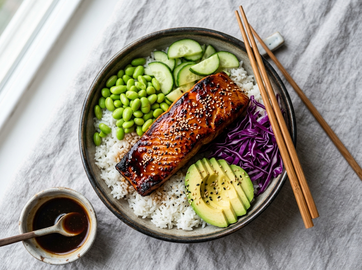 Top-down maple soy glazed salmon bowl with sticky lacquered fillet, edamame, cucumber, and sesame seeds on rice.