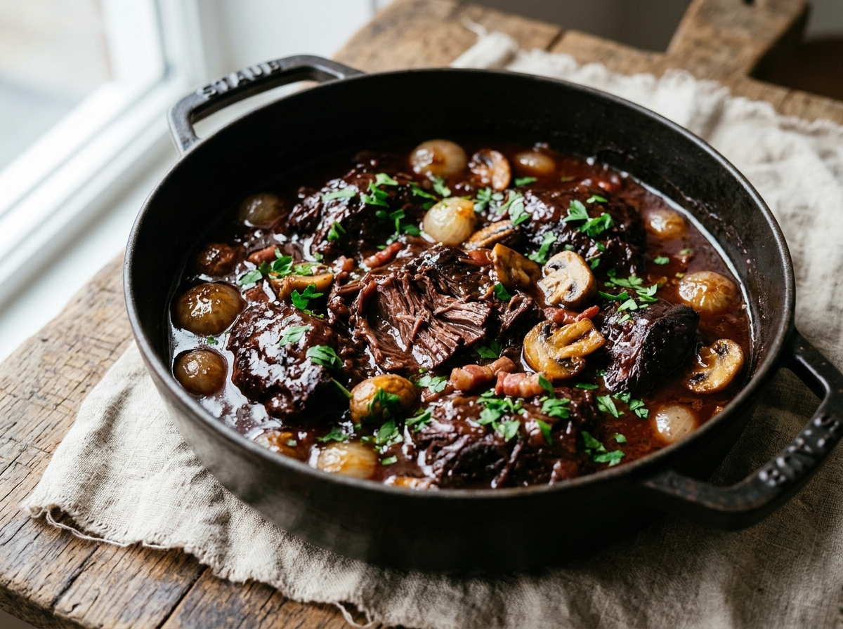Slow cooked beef cheek Bourguignon in a Dutch oven with glossy red wine sauce, pearl onions, and cremini mushrooms