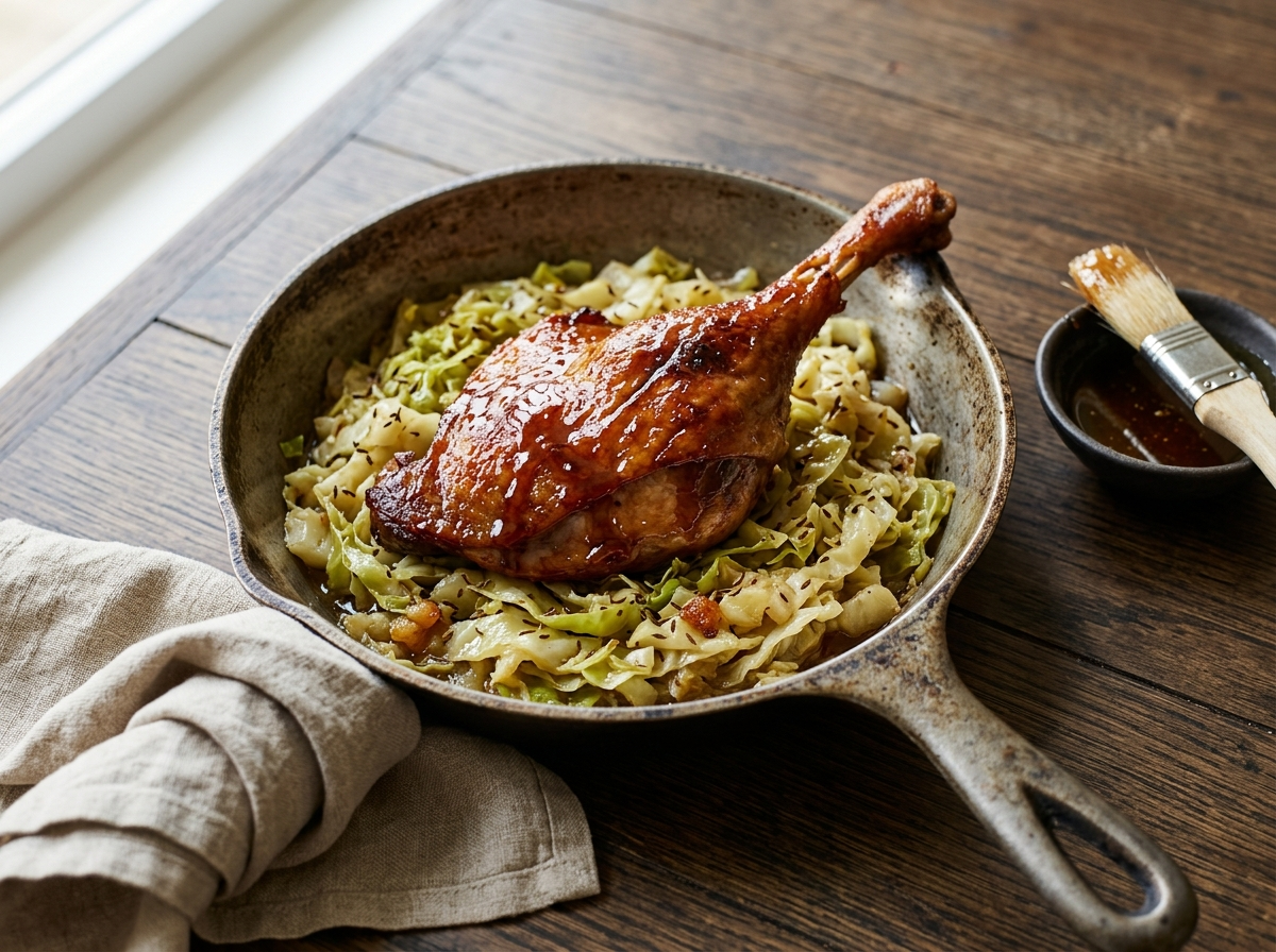 Honey glazed duck leg with lacquered amber skin resting on braised green cabbage in a cast iron skillet