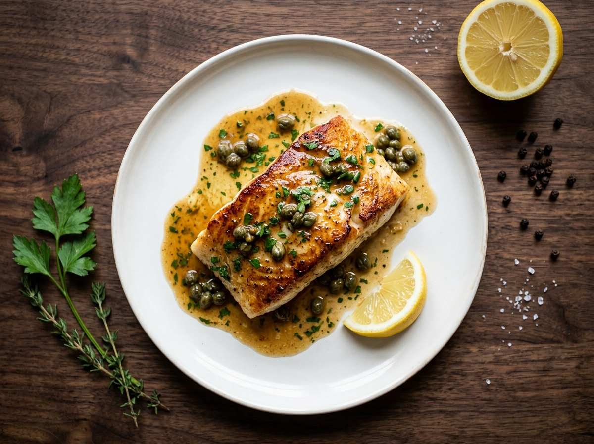 Pan roasted halibut fillet with golden crust and brown butter caper sauce on a white ceramic plate