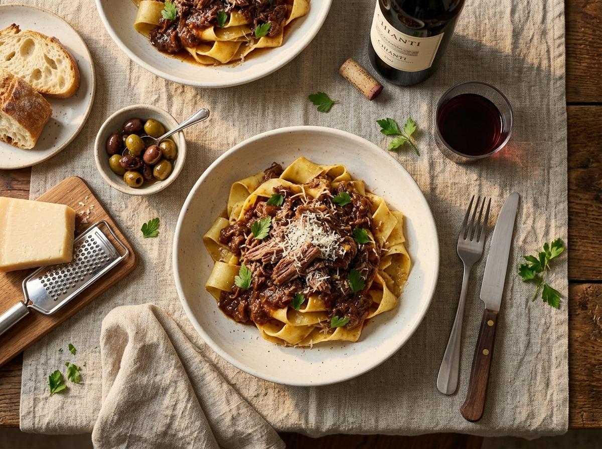 Two bowls of lamb ragu pappardelle on a linen table with Pecorino block and a bottle of Chianti