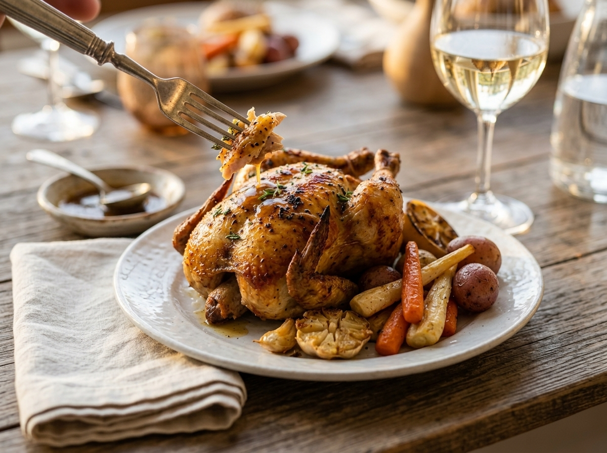 Whole roasted Cornish hen on a white plate with root vegetables and pan jus being poured over, wine glass in background