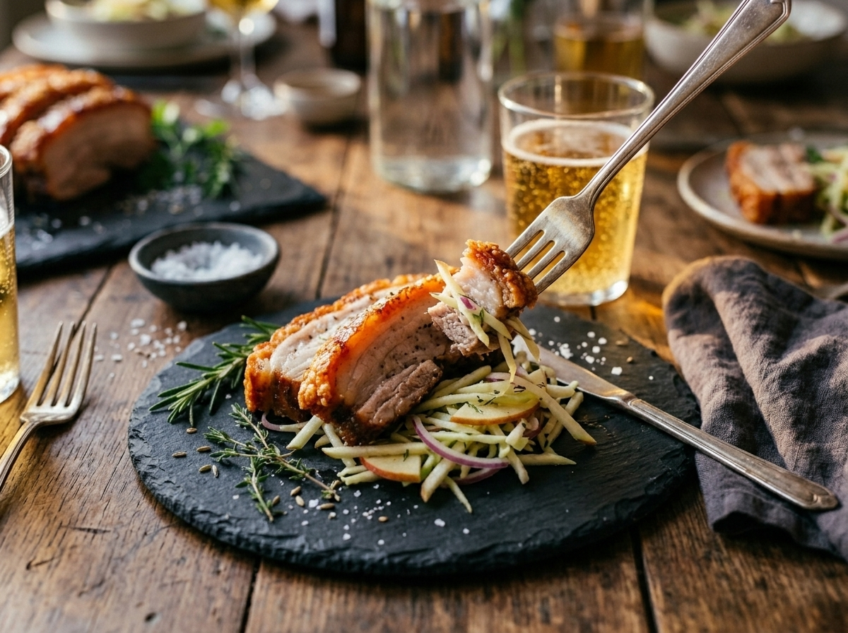 Plated crispy pork belly over apple slaw on a rustic wooden table with a glass of cider