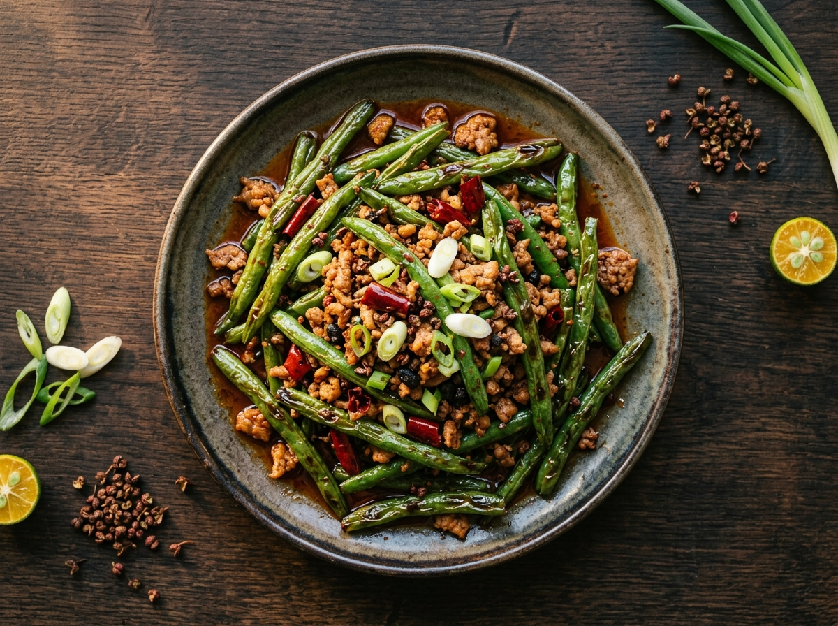 Szechuan dry fried green beans with ground pork in a dark bowl, blistered beans coated in red chili oil with scallions