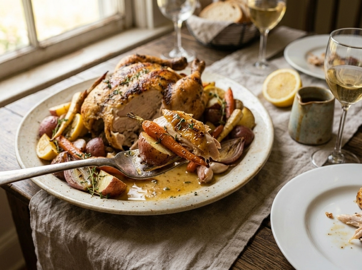 Carved lemon garlic roast chicken served with roasted root vegetables on a white plate with pan drippings
