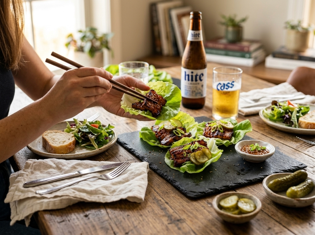 Hands building a Korean pork belly lettuce wrap at a wooden table with ssamjang and pickled cucumber nearby