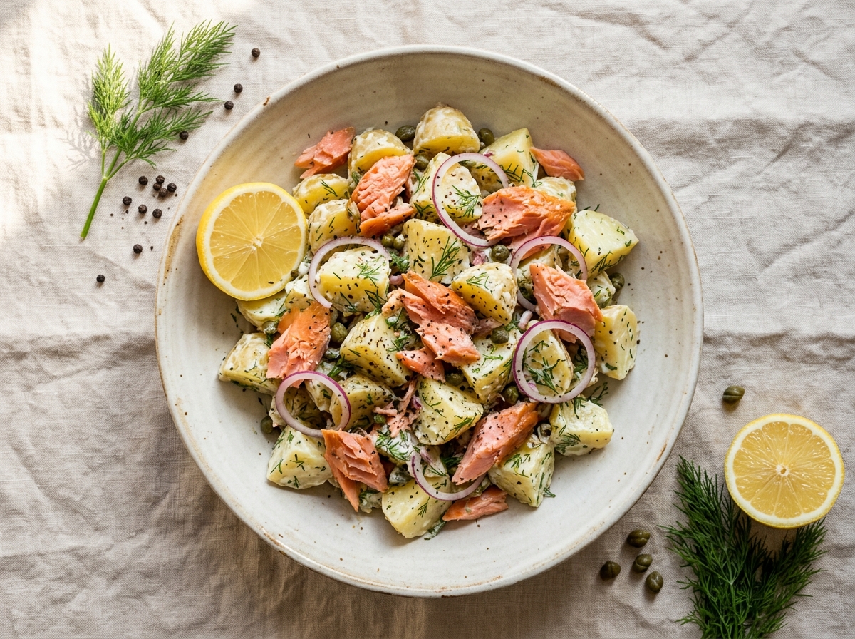 Smoked trout and dill potato salad in a ceramic bowl with crème fraîche dressing, capers, and fresh dill.