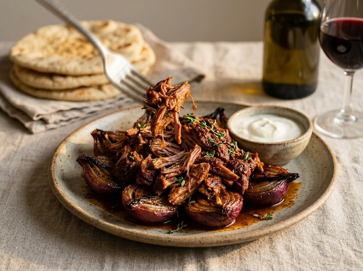 Shredded smoked paprika lamb shoulder served on stoneware plate with charred onions and yogurt